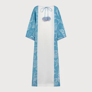 جلابية من اللينن بقصة الميزع مع تطريز يدوي "أبيض مع أزرق بحر"