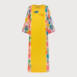 جلابية من اللينن بقصة الميزع مع تطريز يدوي "أصفر سمك"